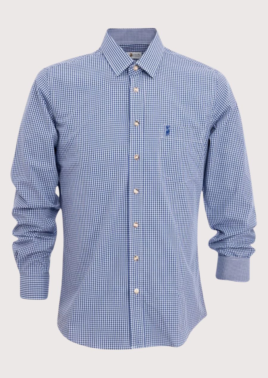 Men’s blue micro check long sleeve button shirt