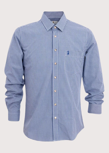 Men’s blue micro check long sleeve button shirt