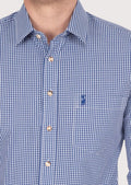 Casual men’s blue small check cotton shirt