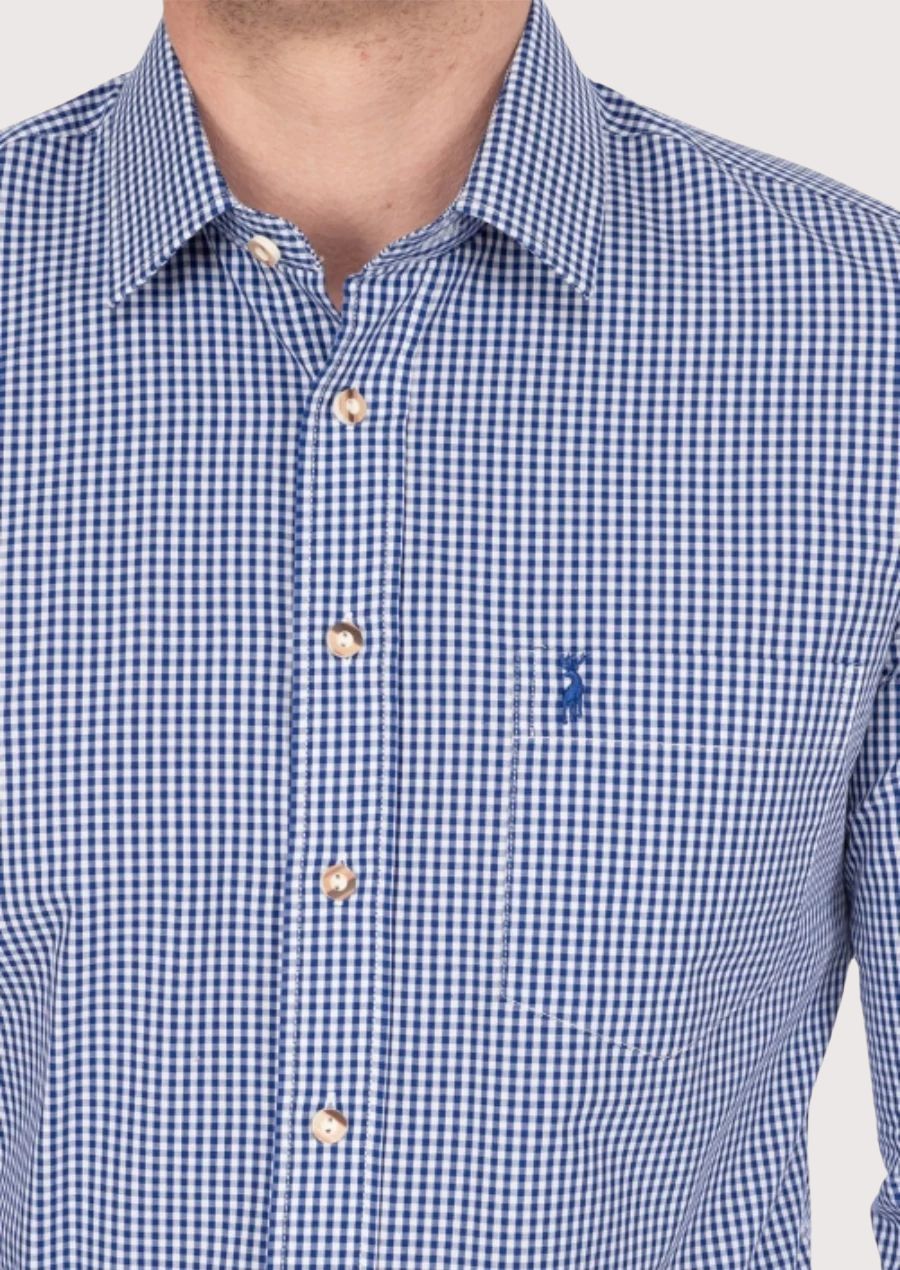 Casual men’s blue small check cotton shirt
