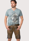 Brown lederhosen shorts with blue embroidered accents and traditional Bavarian detailing