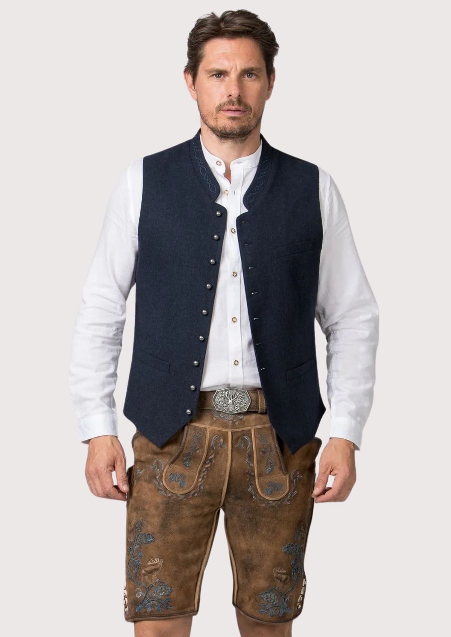 Men's saddle brown alpine deer lederhosen shorts with blue embroidery, deer motifs, traditional Bavarian craftsmanship and Oktoberfest styling