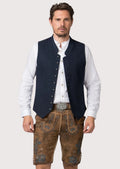 Brown lederhosen shorts with blue embroidery detailing, traditional Bavarian design and vintage finish