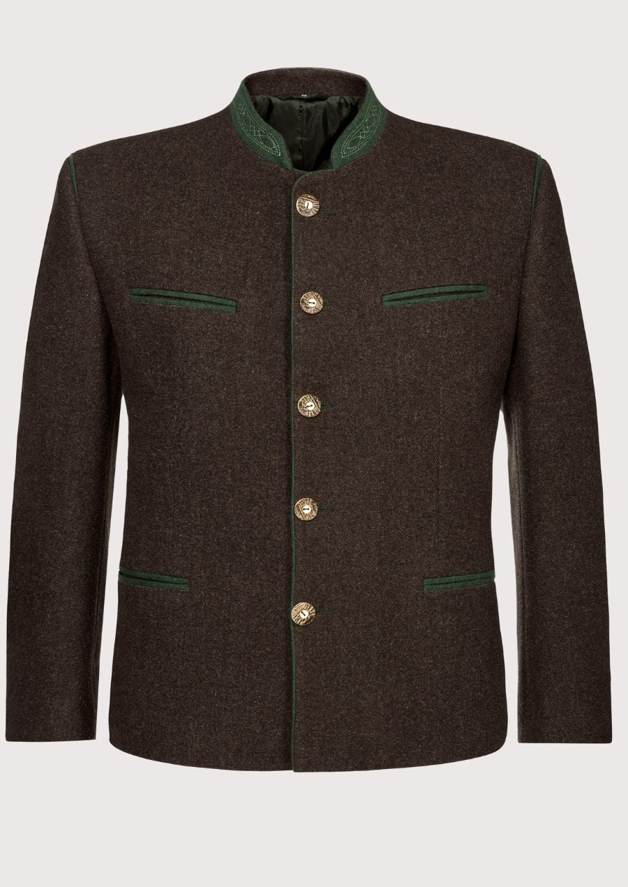 Men’s brown Trachten jacket featuring green trim and metal buttons.