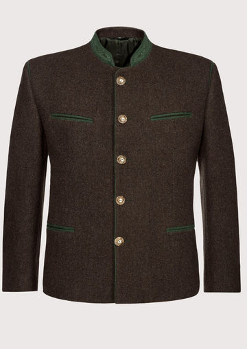 Men’s brown Trachten jacket featuring green trim and metal buttons.
