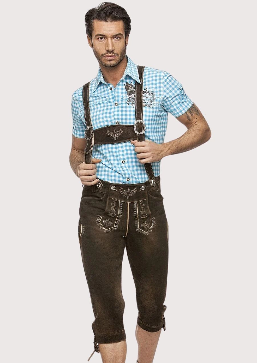 Men's Brown Suede Bundhosen Vine Trim with embroidered suspenders, traditional Bavarian craftsmanship, Alpine heritage styling, German Oktoberfest clothing