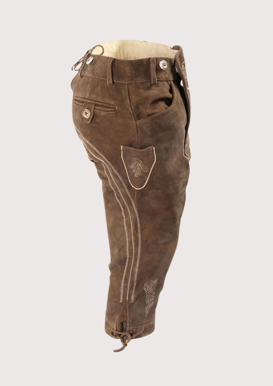 Authentic Bavarian Bundhosen for men, crafted from soft suede leather with intricate embroidery, ideal for Oktoberfest, beer festivals, and outdoor events.