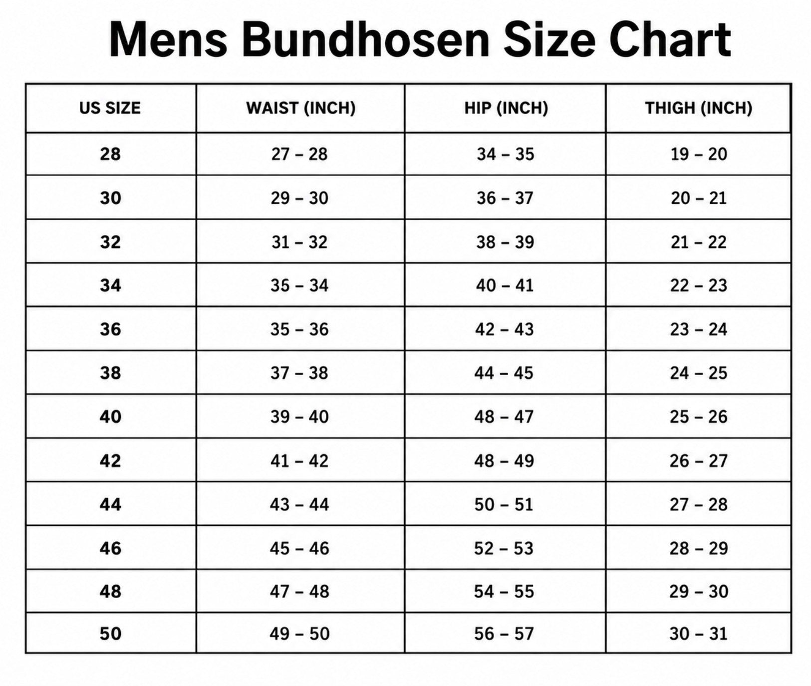 Size Chart for Dark Alpine Suede Bundhosen