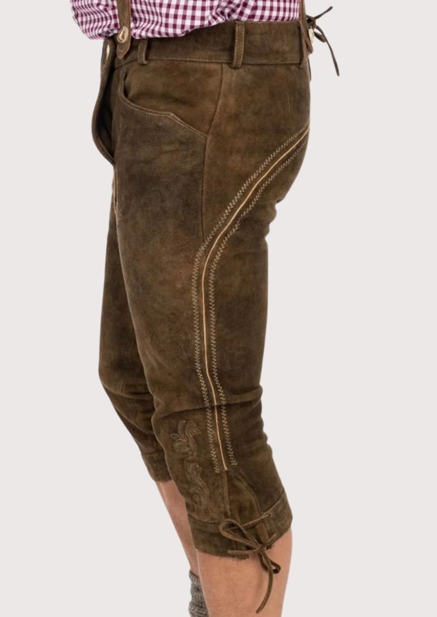 Classic Bavarian Bundhosen for men with floral embroidery, adjustable suspenders, and premium suede leather, perfect for beer festivals and outdoor gatherings.