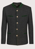 Men wearing a charcoal trachten jacket with green trim and metal buttons.
