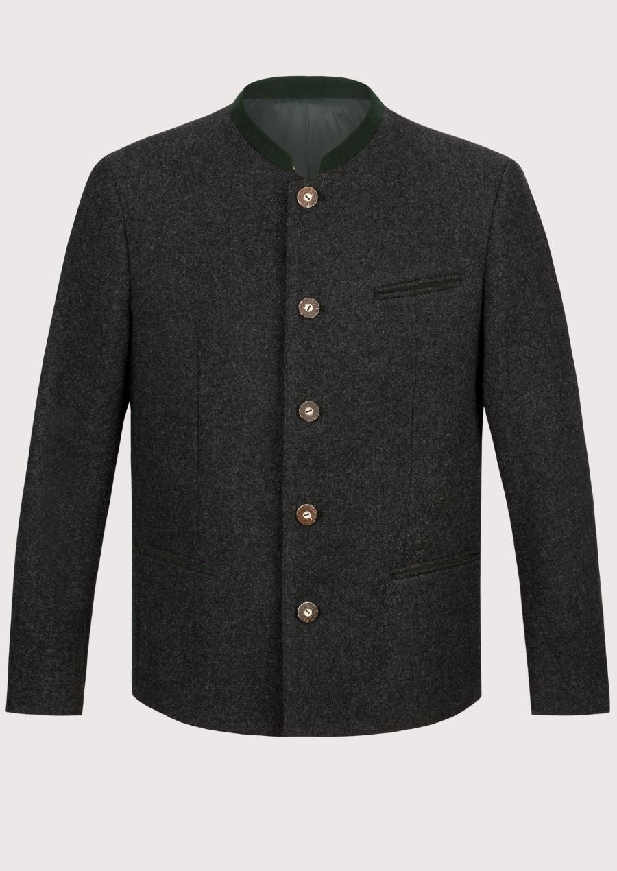 Men’s charcoal traditional jacket with stand collar and metal buttons.