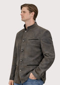 Classic Bavarian grey suede jacket for men featuring a structured fit, stand-up collar, metal buttons, and heritage styling.