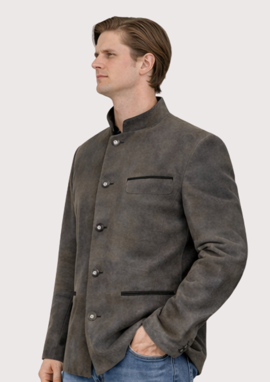 Classic Bavarian grey suede jacket for men featuring a structured fit, stand-up collar, metal buttons, and heritage styling.