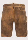 Premium goatskin suede lederhosen with deer-inspired embroidery, side buttons, and Oktoberfest appeal