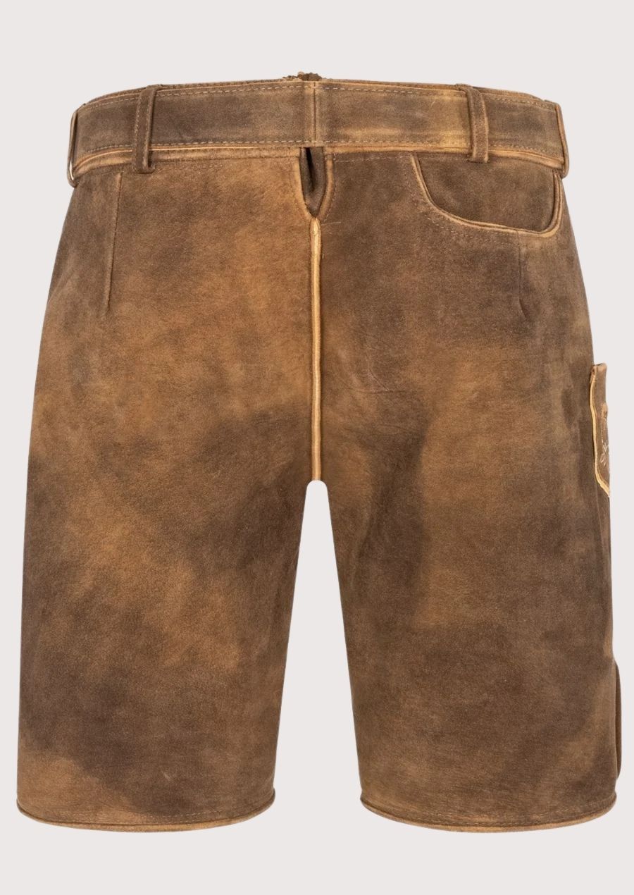 Premium goatskin suede lederhosen with deer-inspired embroidery, side buttons, and Oktoberfest appeal