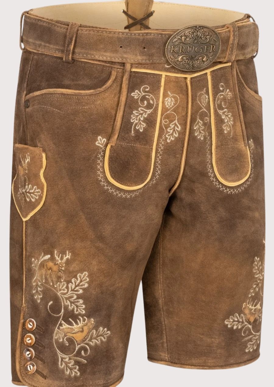 Alpine Stag Lederhosen in Goat Suede with embroidered deer motifs and authentic Oktoberfest character