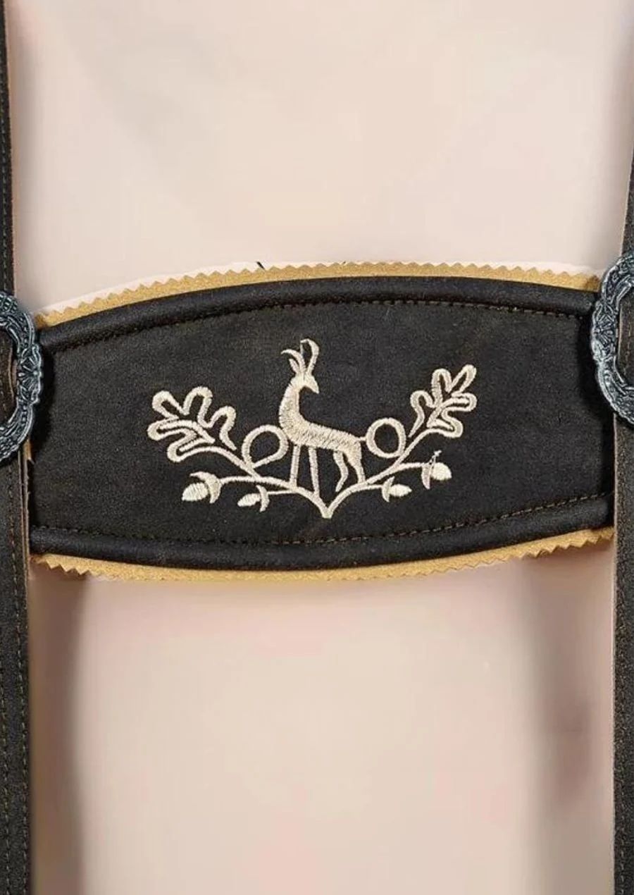 Premium black goatskin suede lederhosen showcasing ornate embroidery and matching leather braces