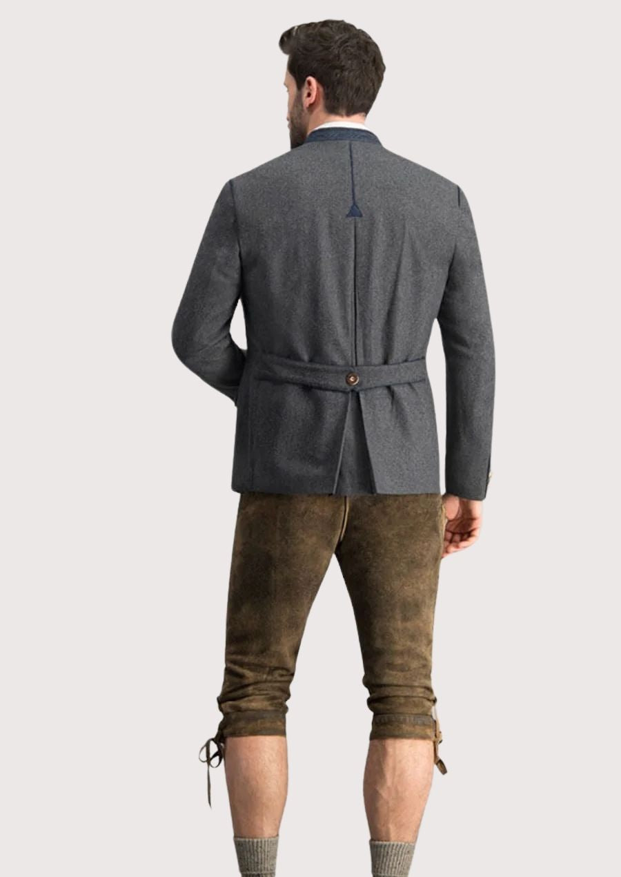 Charcoal grey Bavarian jacket for men with wooden buttons and high collar, designed for a stylish, traditional look.

