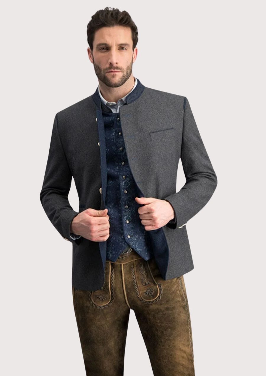 Men's German Bavarian Jacket in Charcoal with wooden buttons, ideal for Oktoberfest and cultural celebrations.

