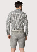 Light gray suede lederhosen shorts with decorative embroidery and classic Oktoberfest heritage appeal