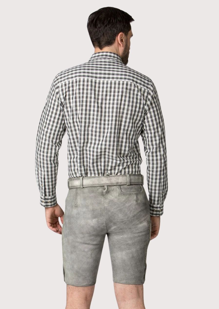 Light gray suede lederhosen shorts with decorative embroidery and classic Oktoberfest heritage appeal