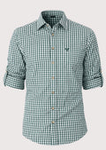Men’s green gingham button down shirt with rolled sleeves