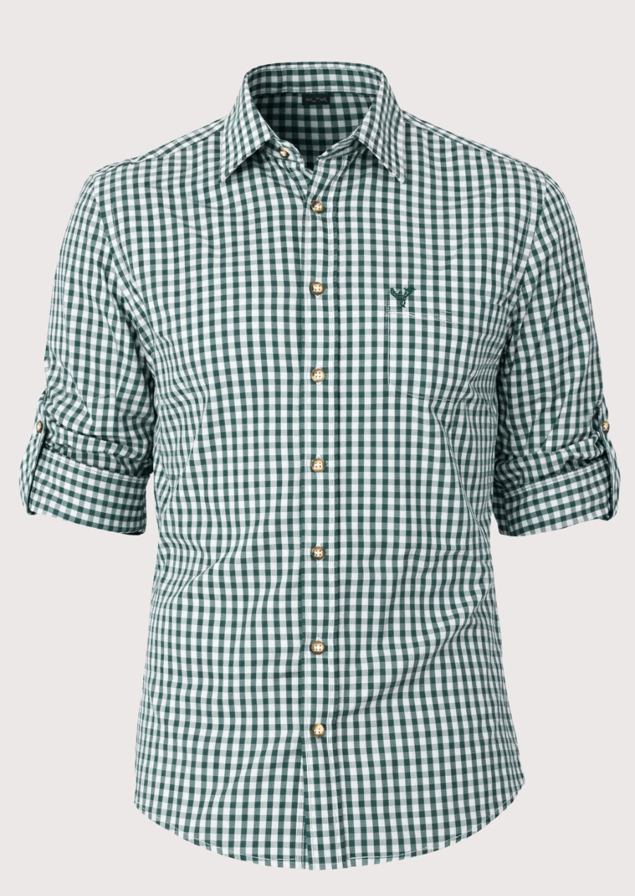 Men’s green gingham button down shirt with rolled sleeves