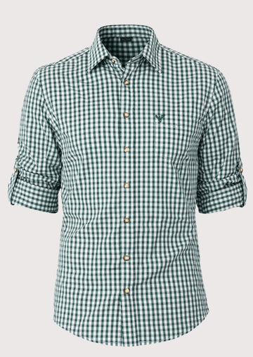 Men’s green gingham button down shirt with rolled sleeves