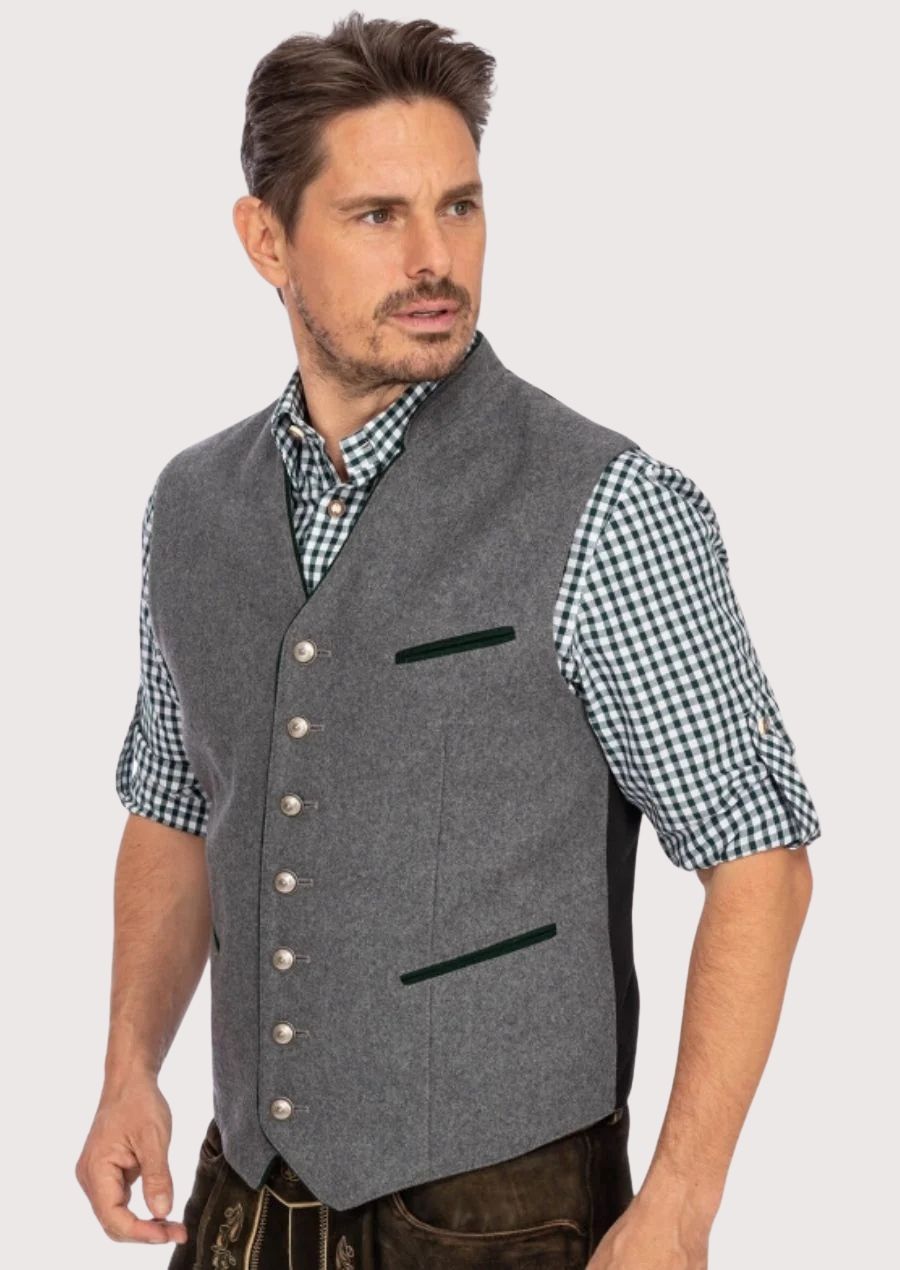 Men wearing a grey Bavarian vest with check shirt