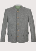 Men’s grey wool alpine jacket with stand collar and wooden buttons.