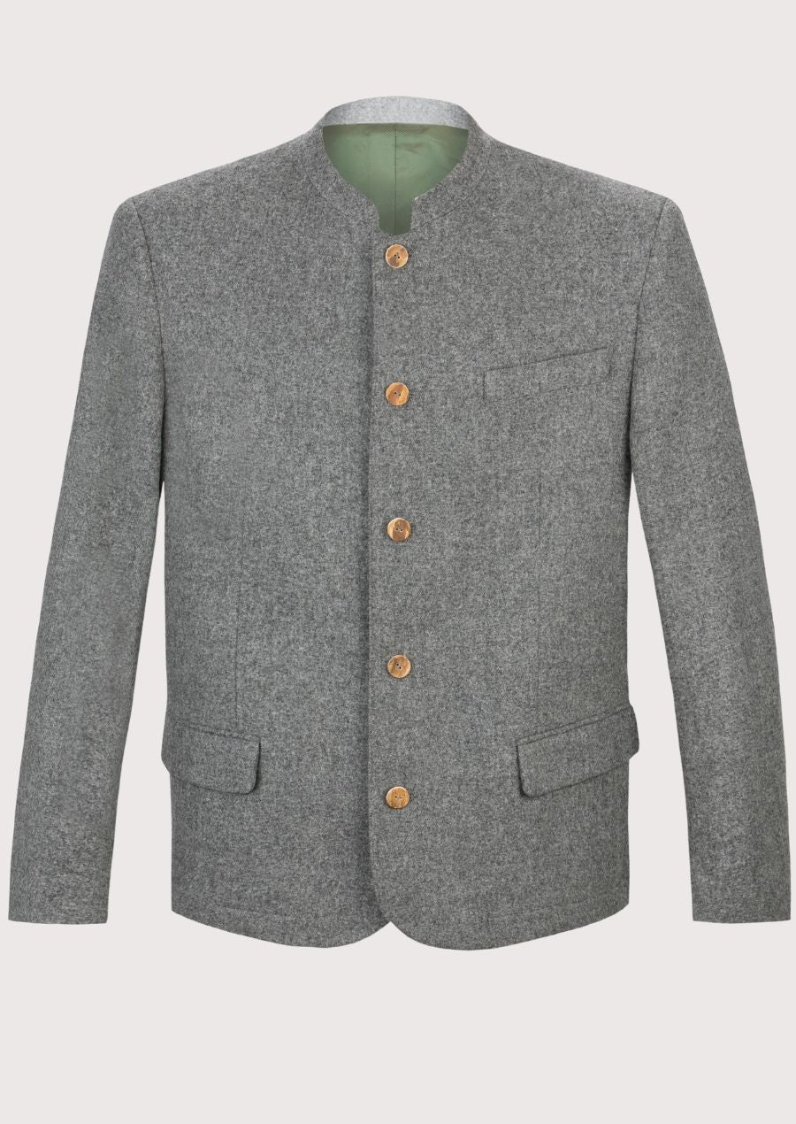 Men’s grey wool alpine jacket with stand collar and wooden buttons.