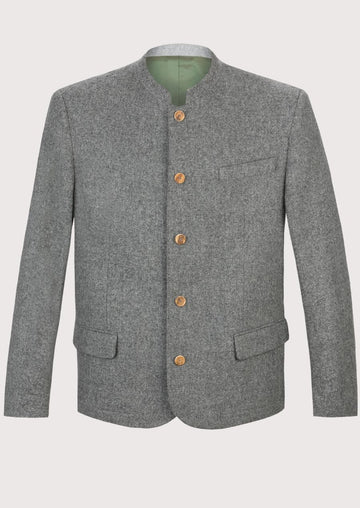 Men’s grey wool alpine jacket with stand collar and wooden buttons.
