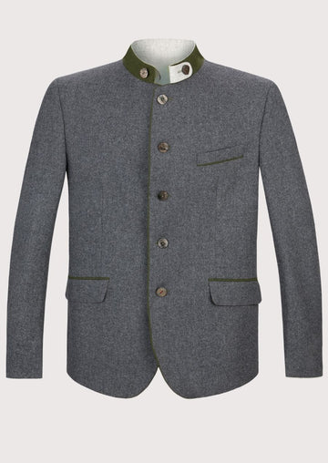 Men’s grey trachten jacket with green trim and stand collar.