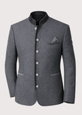 Men’s grey trachten jacket featuring a stand collar and metal buttons.