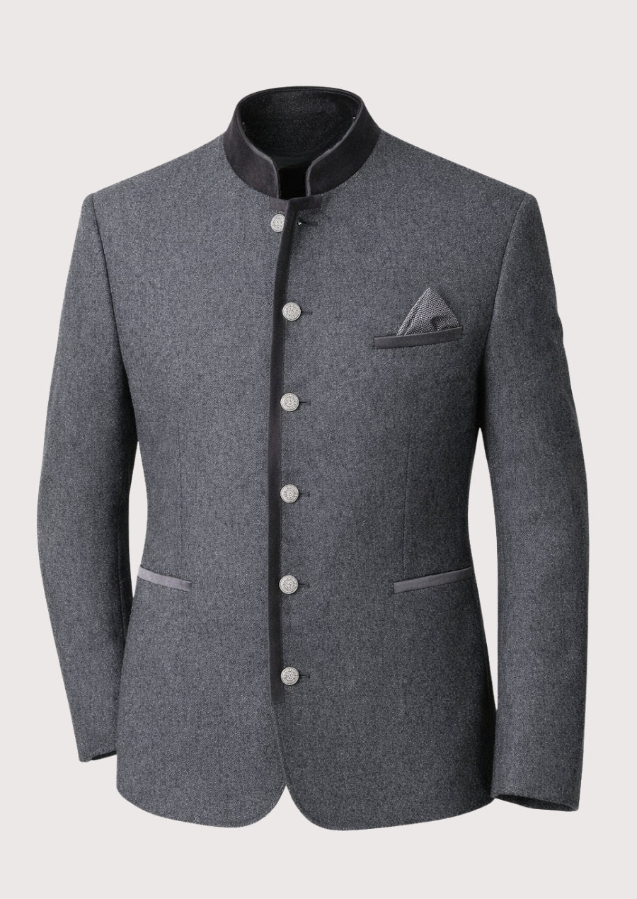 Men’s grey trachten jacket featuring a stand collar and metal buttons.