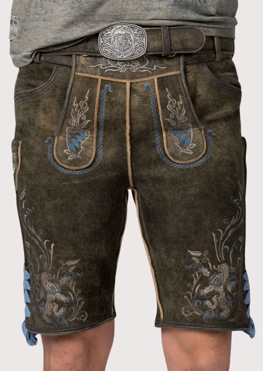 Men's traditional Lederhosen with intricate embroidery, perfect for Oktoberfest and Bavarian festivals. Durable leather and adjustable fit for comfort.