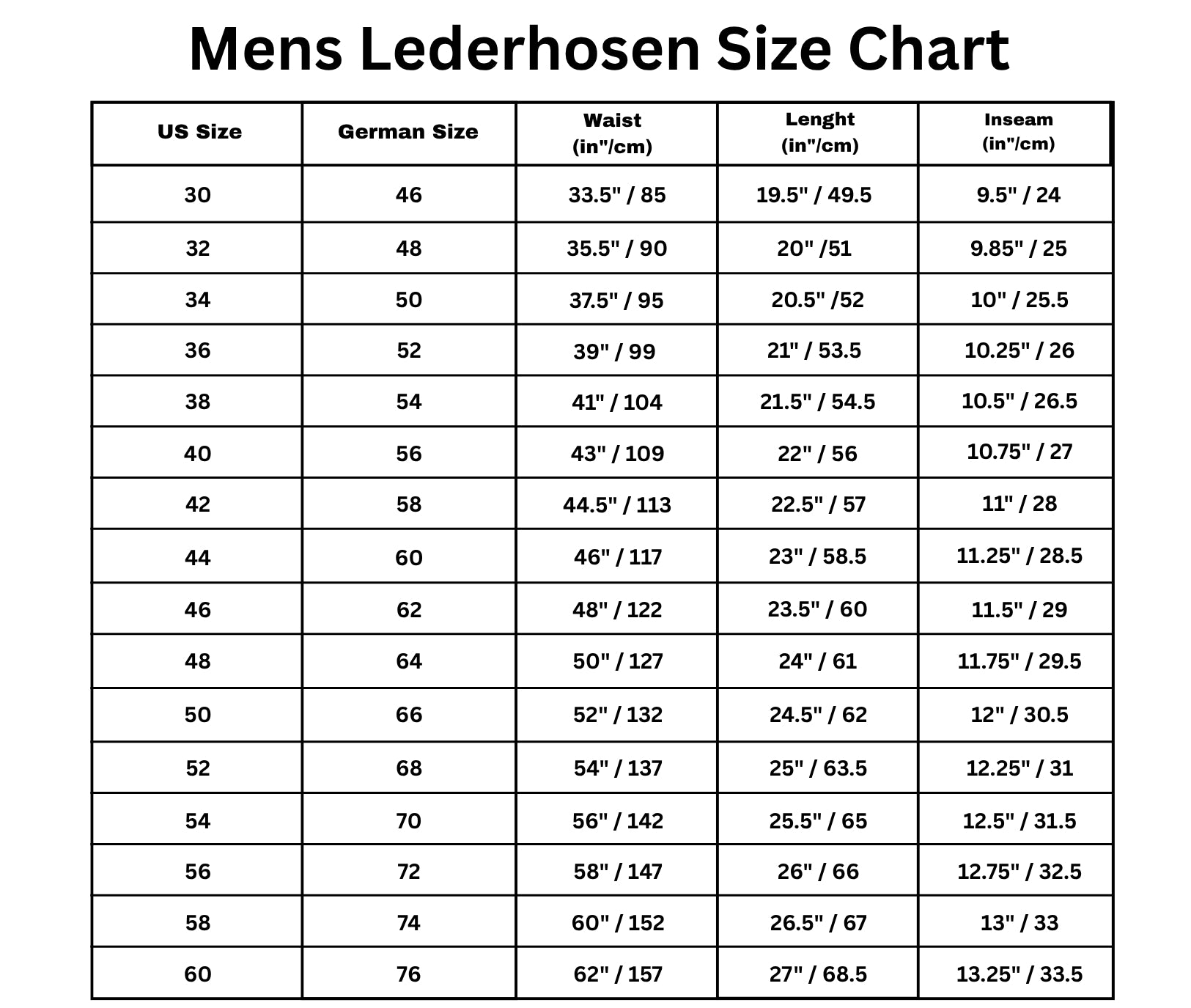Size Chart for High-Quality Lederhosen for Men – Elegant & Timeless Look