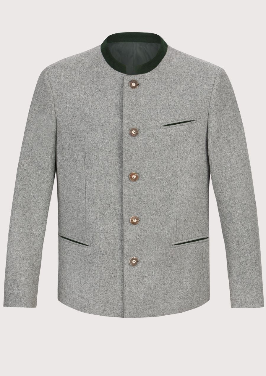 Men’s light grey wool jacket with stand collar and wooden buttons.