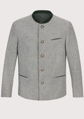Men’s light grey wool jacket with stand collar and wooden buttons.