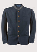 Men’s navy trachten jacket featuring a stand collar and wooden buttons.