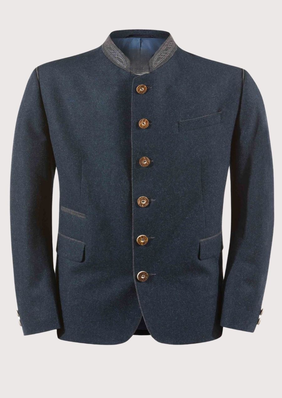 Men’s navy trachten jacket featuring a stand collar and wooden buttons.
