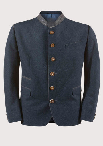 Men’s navy trachten jacket featuring a stand collar and wooden buttons.