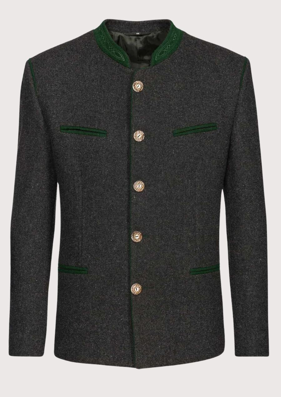 Front view of a men’s Oktoberfest wool jacket with classic stand-up collar, dark green piping, and heritage-style buttons – perfect for Alpine celebrations.