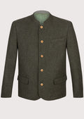 Men’s olive green traditional jacket with stand collar and wooden buttons.