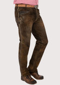 Men's rustic Bavarian leather pants in classic fit with premium suede texture and authentic Alpine heritage styling