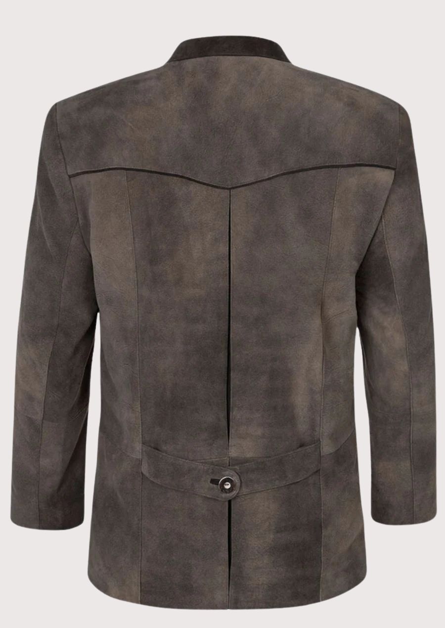 Rustic grey Bavarian leather jacket for men with a traditional stand collar, smooth suede surface, and versatile cultural style.
