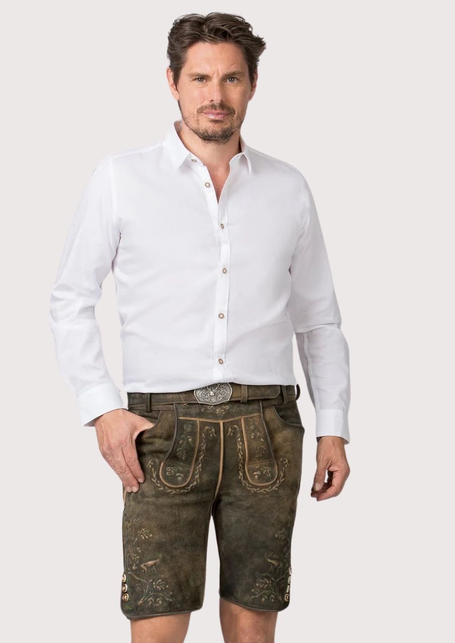Traditional leather shorts with embroidery and belt on a plain background