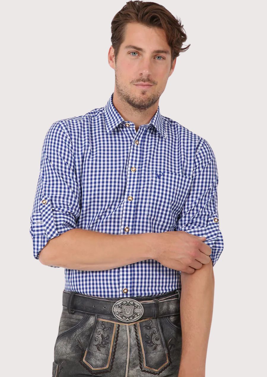 Slim fit men’s blue checked cotton shirt