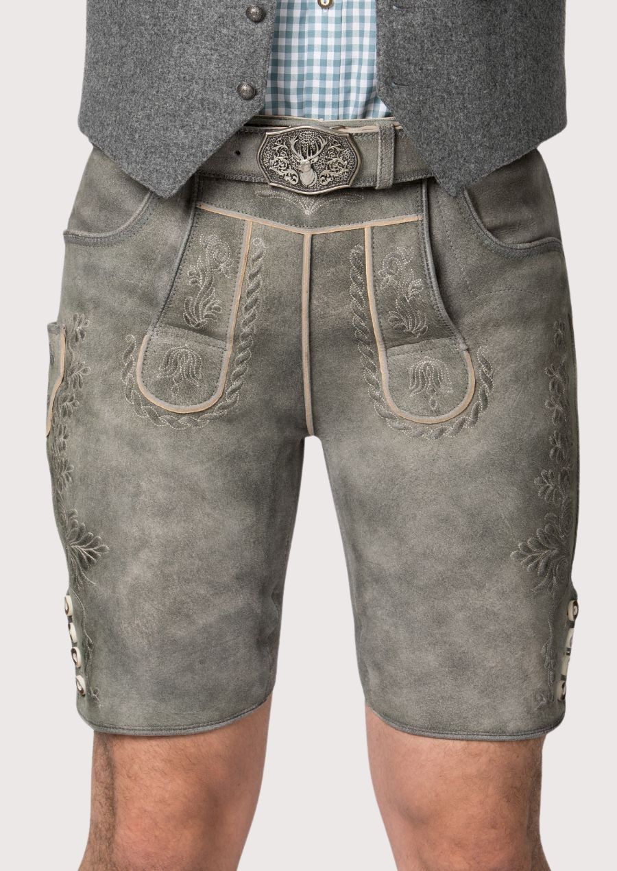 mens stone grey alpine lederhosen crafted from goatskin suede with detailed tonal embroidery