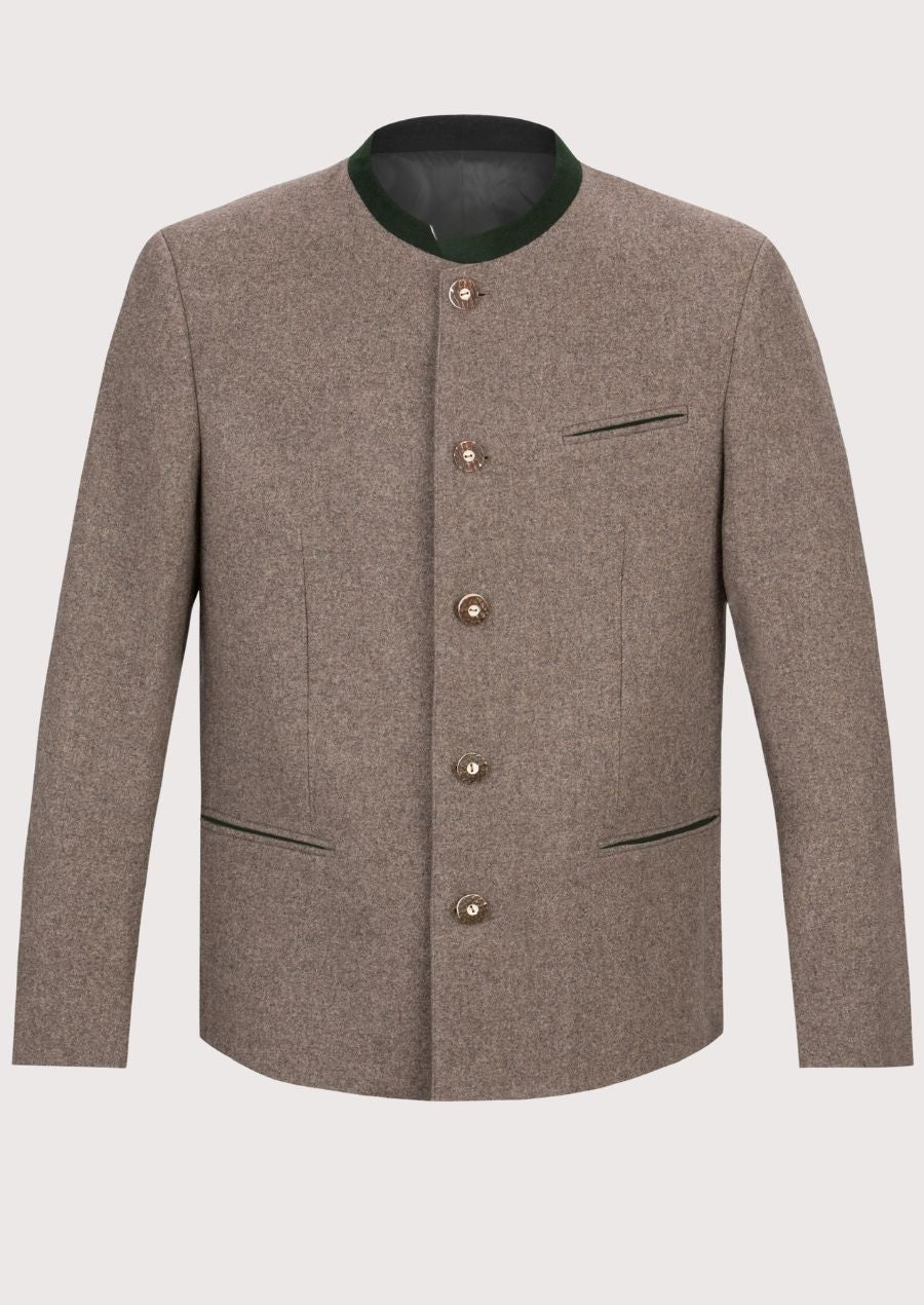 Men’s taupe wool alpine jacket with stand collar and metal buttons.